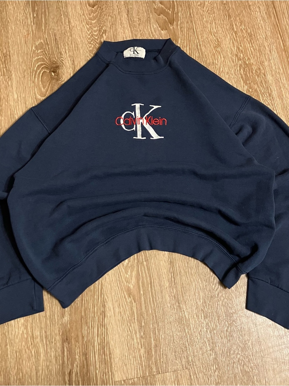 Vintage 90s CK Calvin Klein Crewneck Sweatshirt Embroidered Navy XL Distressed